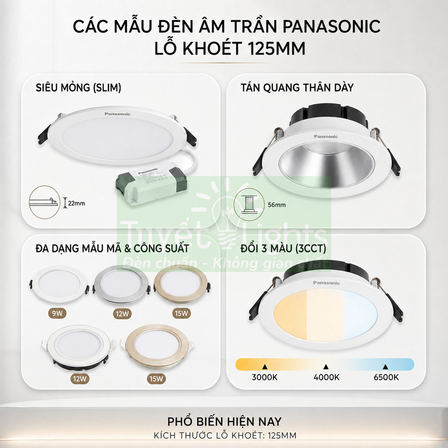 Các mẫu đèn âm trần Panasonic lỗ khoét 125mm siêu mỏng, tán quang dày, nhiều công suất và đổi 3 màu