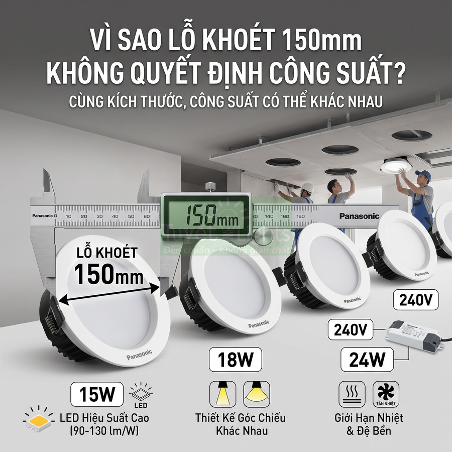 Đèn LED âm trần Panasonic lỗ khoét 150mm nhiều mức công suất 15W 18W 24W lắp đặt trên trần nhà