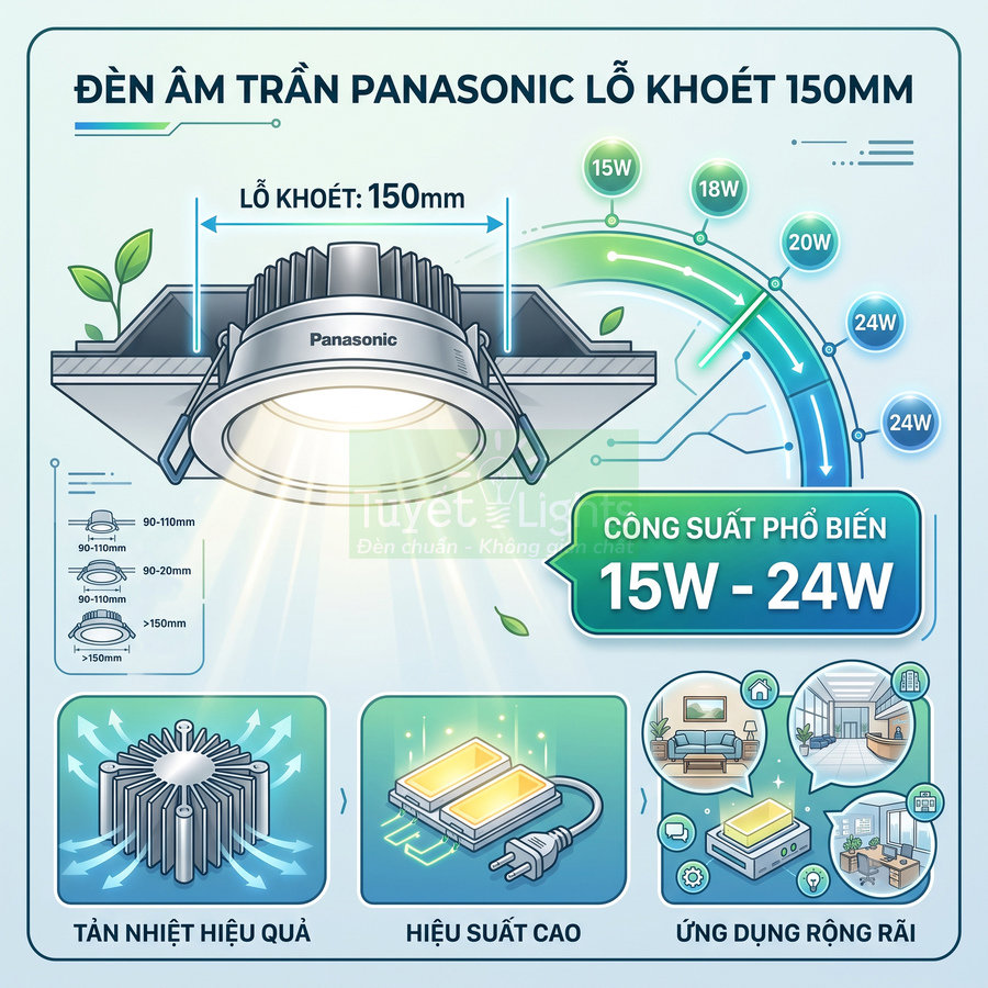 Đèn âm trần Panasonic lỗ khoét 150mm công suất 15W 24W tản nhiệt tốt hiệu suất cao
