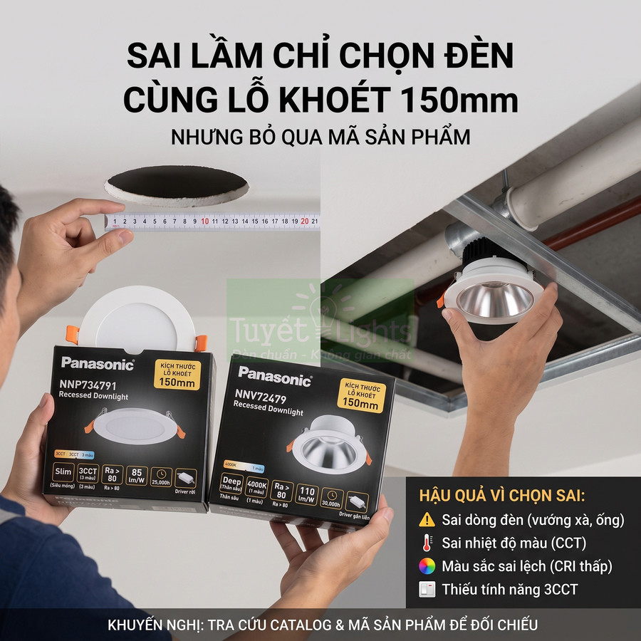 Đèn downlight âm trần Panasonic lỗ khoét 150mm kèm hộp sản phẩm và hướng dẫn chọn đúng mã