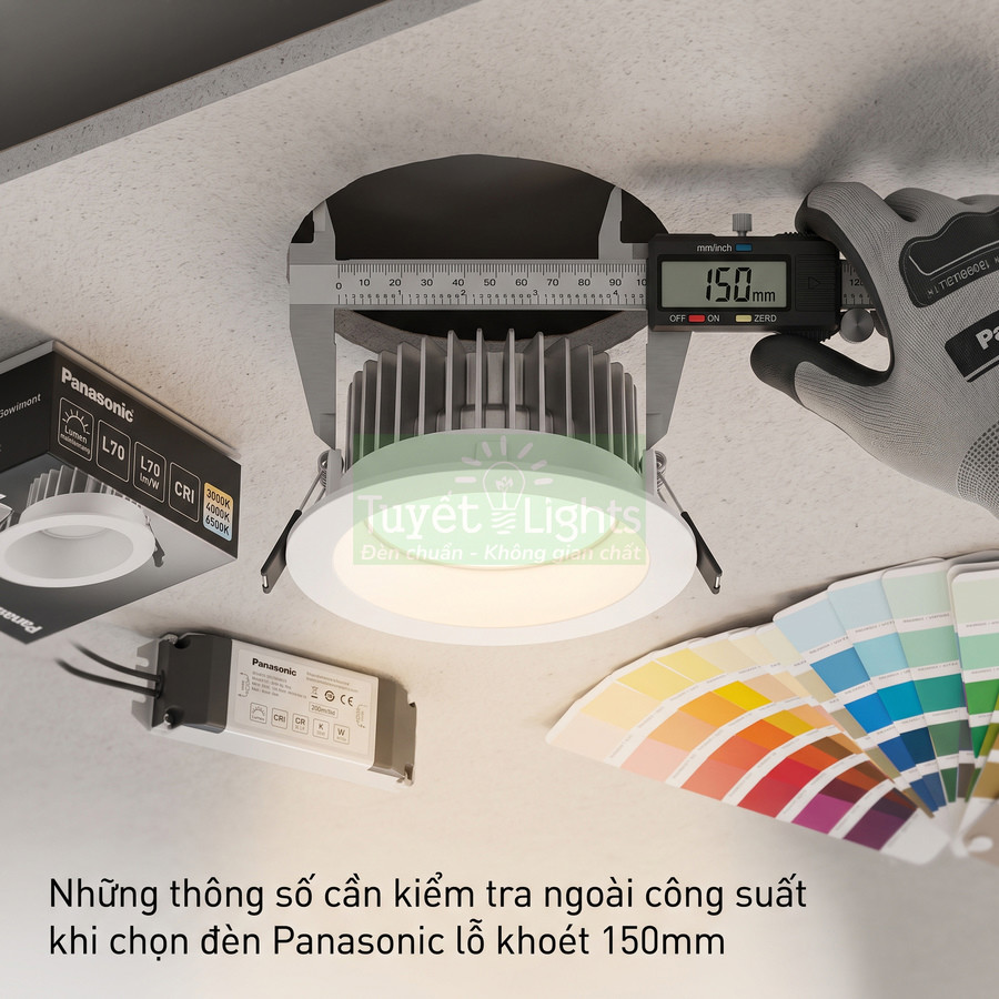 Đo kích thước lỗ khoét 150mm để lắp đèn âm trần Panasonic cùng hộp đèn và bộ nguồn