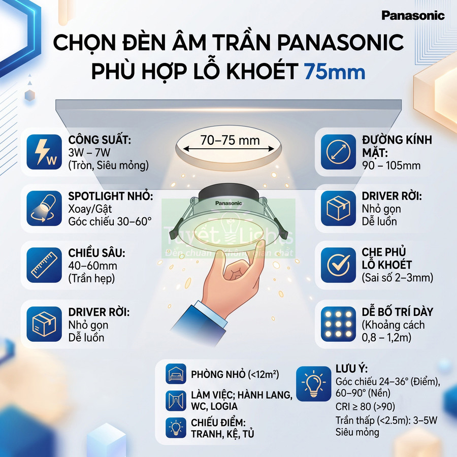 Đèn âm trần Panasonic lỗ khoét 75mm, spotlight nhỏ, driver rời, phù hợp phòng nhỏ và chiếu điểm