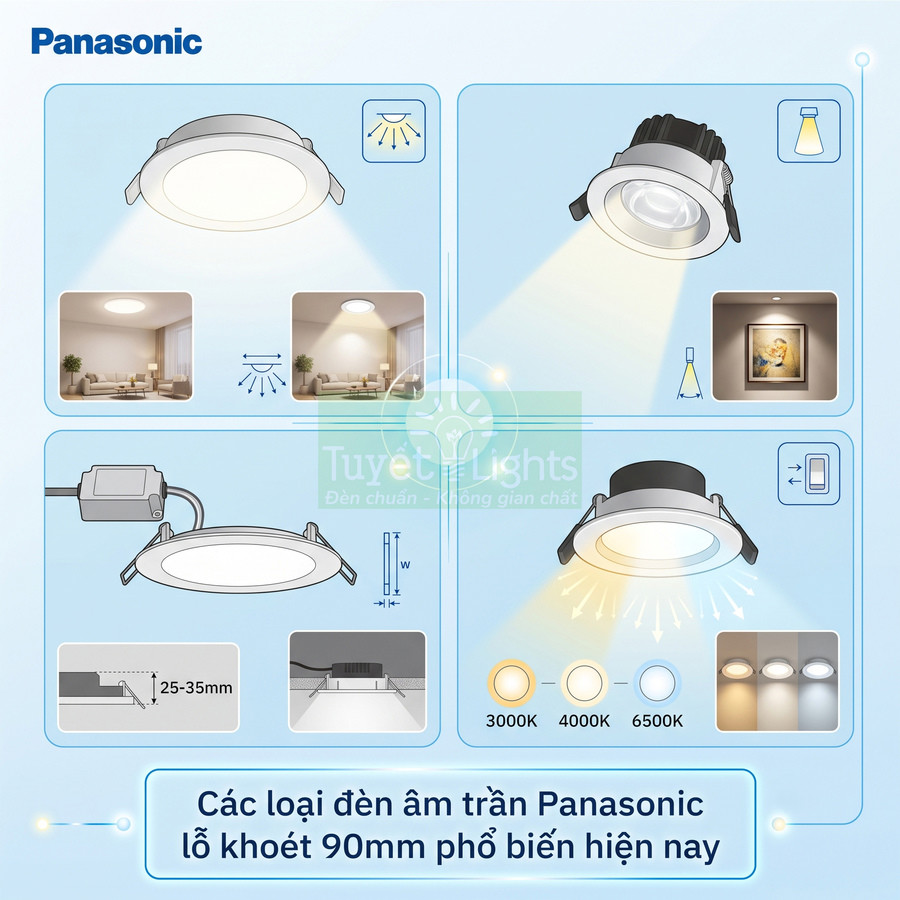 Các loại đèn âm trần Panasonic lỗ khoét 90mm với nhiều nhiệt độ màu cho phòng khách và trưng bày