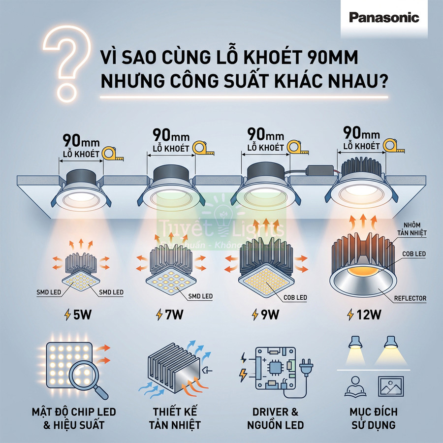 Đèn âm trần Panasonic lỗ khoét 90mm các mức công suất 5W 7W 9W 12W với chip LED và tản nhiệt khác nhau