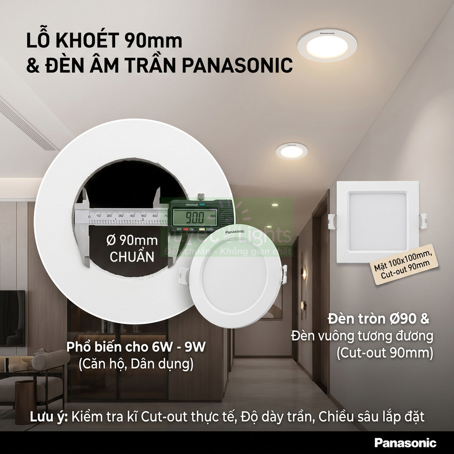 Đèn âm trần Panasonic tròn và vuông lỗ khoét 90mm dùng cho trần nhà căn hộ, công suất phổ biến 6W 9W