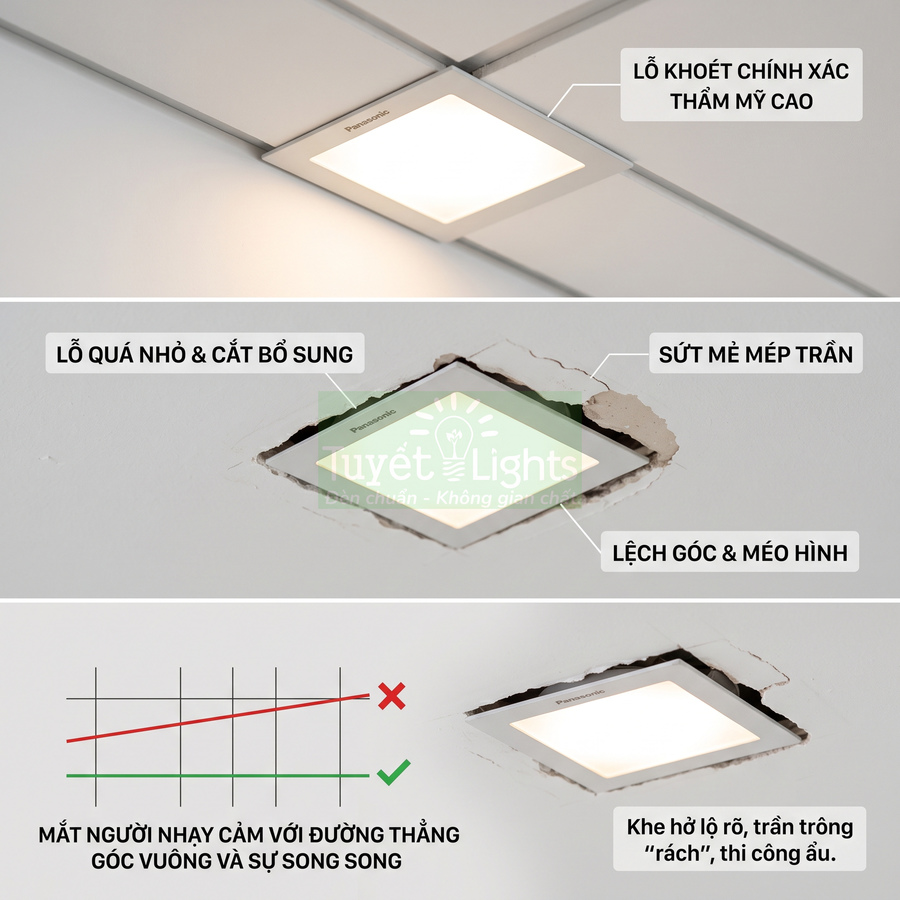 Đèn âm trần vuông Panasonic lắp đặt chuẩn và sai, so sánh lỗ khoét trần thẩm mỹ và thi công ẩu