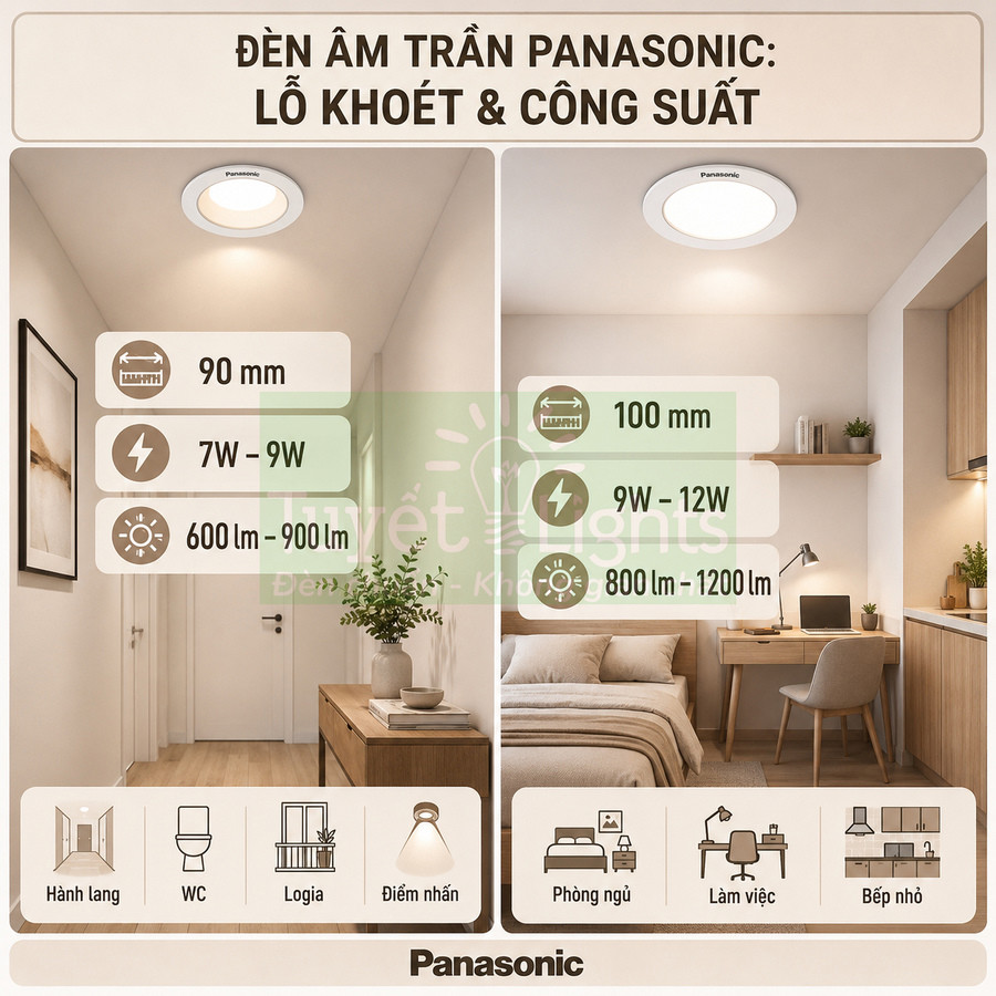 Đèn âm trần Panasonic cho hành lang, phòng ngủ, bếp nhỏ với thông số lỗ khoét và công suất chi tiết
