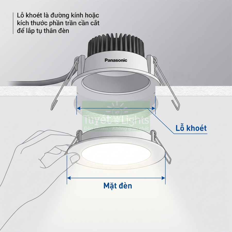 Đèn downlight âm trần Panasonic màu trắng kèm hướng dẫn kích thước lỗ khoét và mặt đèn