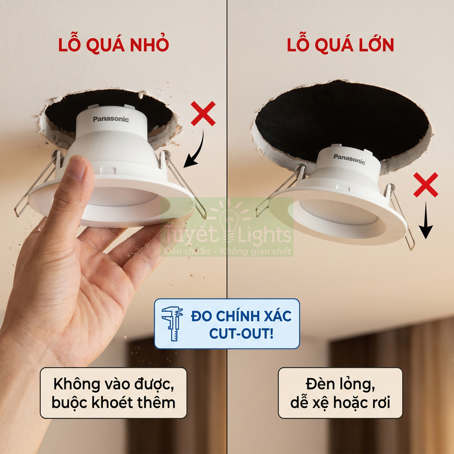 Đèn âm trần Panasonic lắp vào lỗ trần thạch cao sai kích thước, minh họa lỗ quá nhỏ và lỗ quá lớn