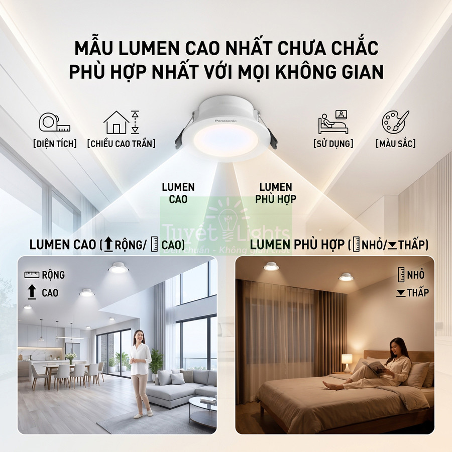 Đèn led âm trần Panasonic chiếu sáng phòng khách và phòng ngủ với mức lumen phù hợp từng không gian