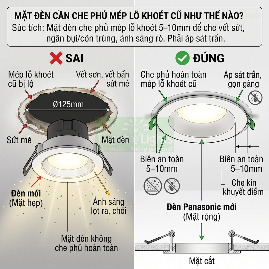 Hướng dẫn lắp đặt đèn âm trần Panasonic mặt rộng che kín mép lỗ khoét cũ, tránh hở sáng và bụi bẩn