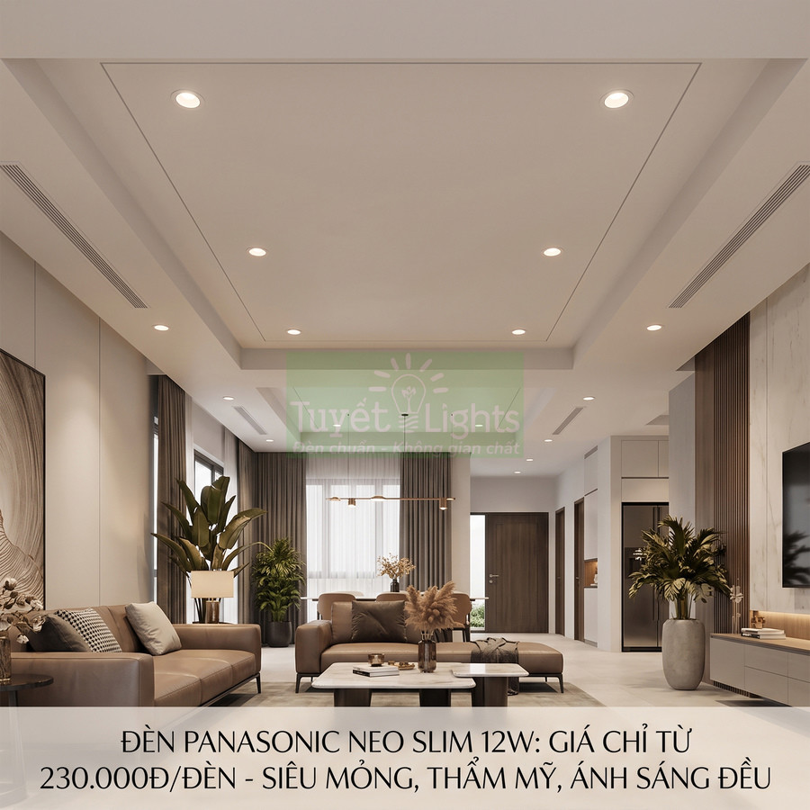 Đèn âm trần Panasonic Neo Slim 12W chiếu sáng phòng khách hiện đại, ánh sáng đều và thẩm mỹ