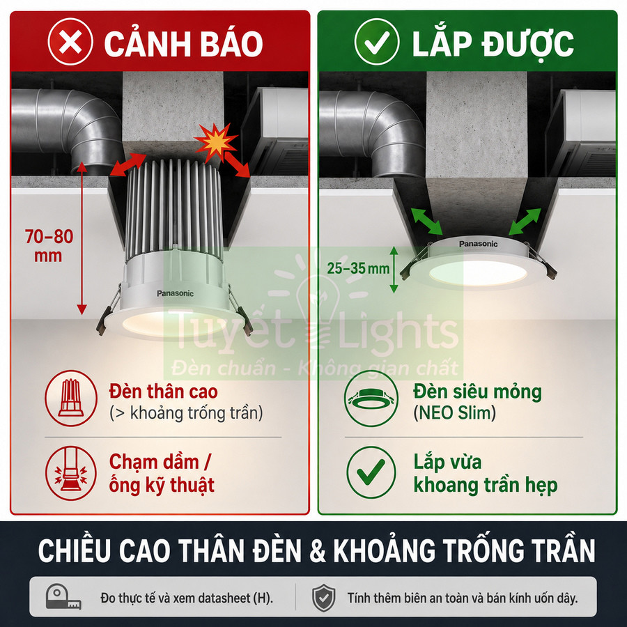 So sánh đèn âm trần Panasonic thân cao và đèn siêu mỏng NEO Slim cho trần nhà hẹp