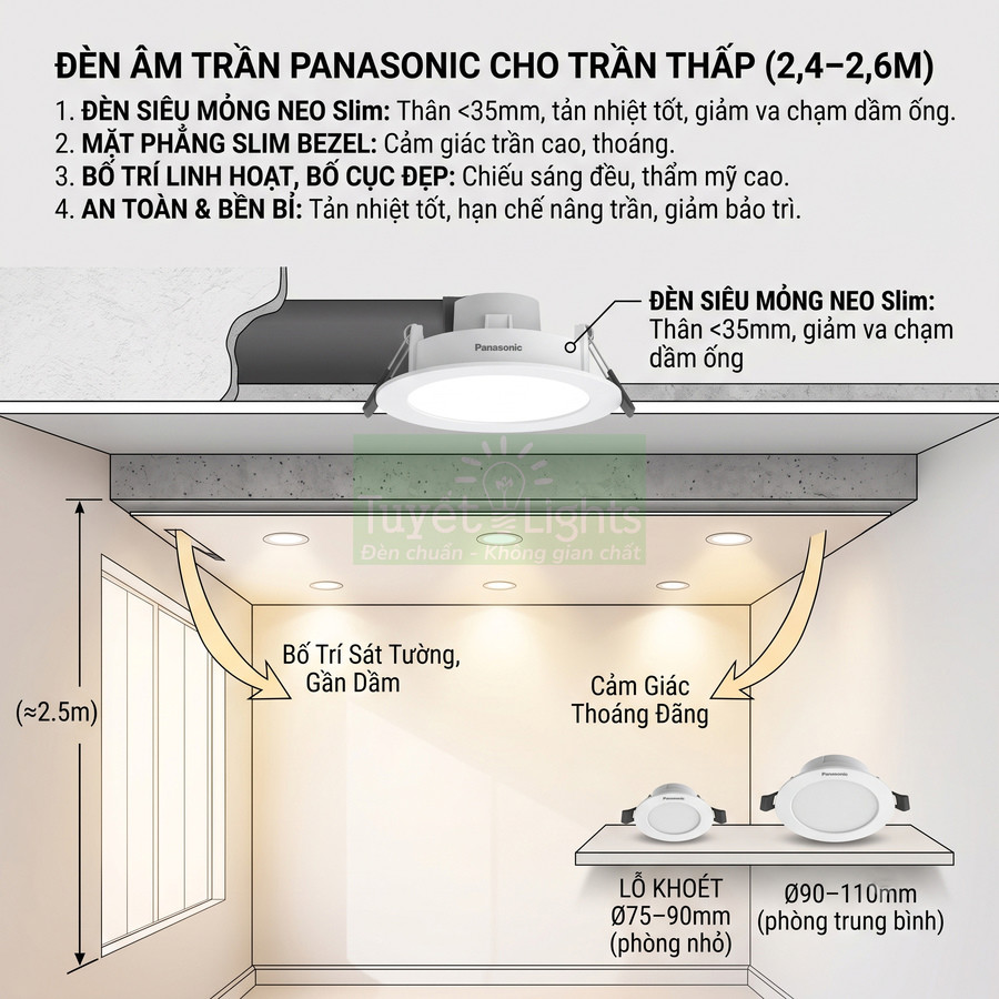 Đèn âm trần Panasonic Neo Slim cho trần thấp, thiết kế siêu mỏng, ánh sáng đều cho phòng khách