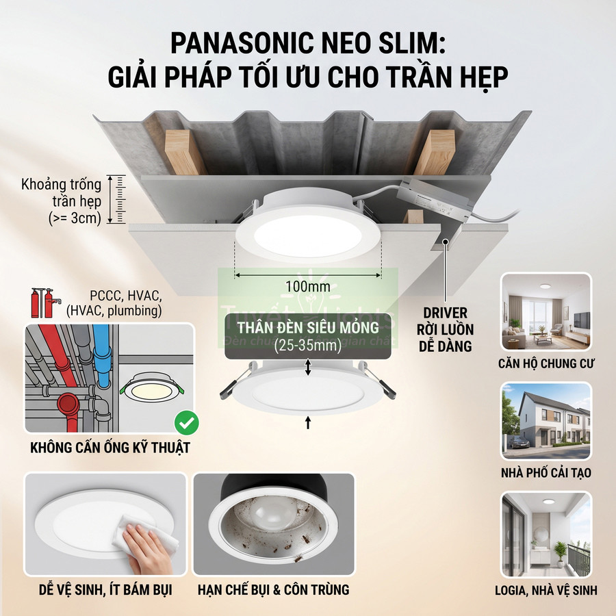 Đèn âm trần siêu mỏng Panasonic Neo Slim lắp cho trần hẹp, dễ vệ sinh, hạn chế bụi và côn trùng