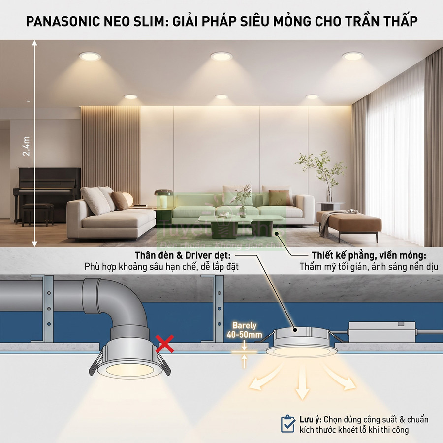 Đèn âm trần siêu mỏng Panasonic Neo Slim lắp cho trần thấp trong phòng khách hiện đại