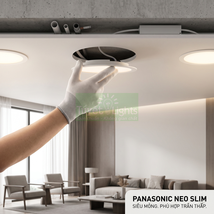 Lắp đặt đèn âm trần siêu mỏng Panasonic Neo Slim trong phòng khách trần thấp hiện đại