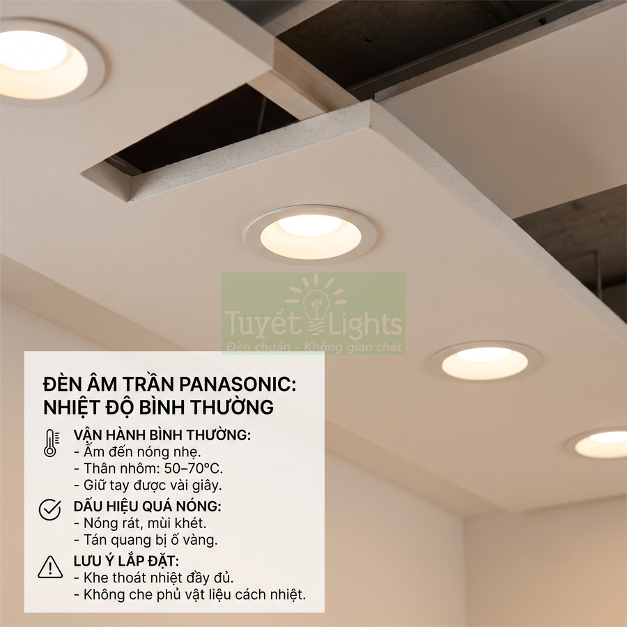 Đèn âm trần Panasonic lắp trên trần thạch cao, ánh sáng vàng dịu, kèm hướng dẫn vận hành an toàn