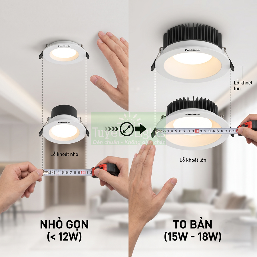 So sánh đèn downlight âm trần Panasonic nhỏ gọn và to bản, đo kích thước lỗ khoét trần bằng thước dây