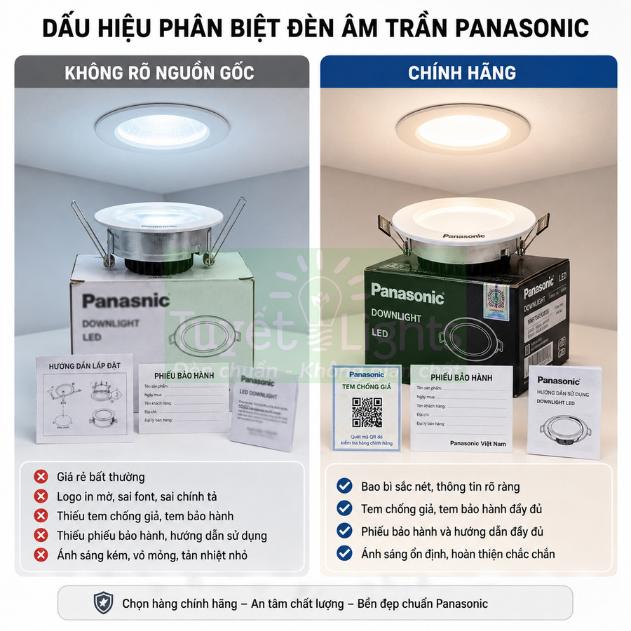 Đèn âm trần Panasonic chính hãng và hàng không rõ nguồn gốc kèm hộp, tem chống giả, phiếu bảo hành