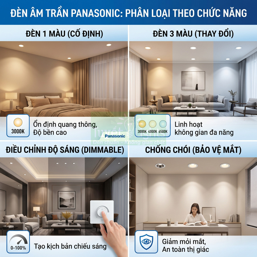 Đèn âm trần Panasonic 1 màu và 3 màu, điều chỉnh độ sáng, chống chói bảo vệ mắt cho phòng ngủ và phòng khách