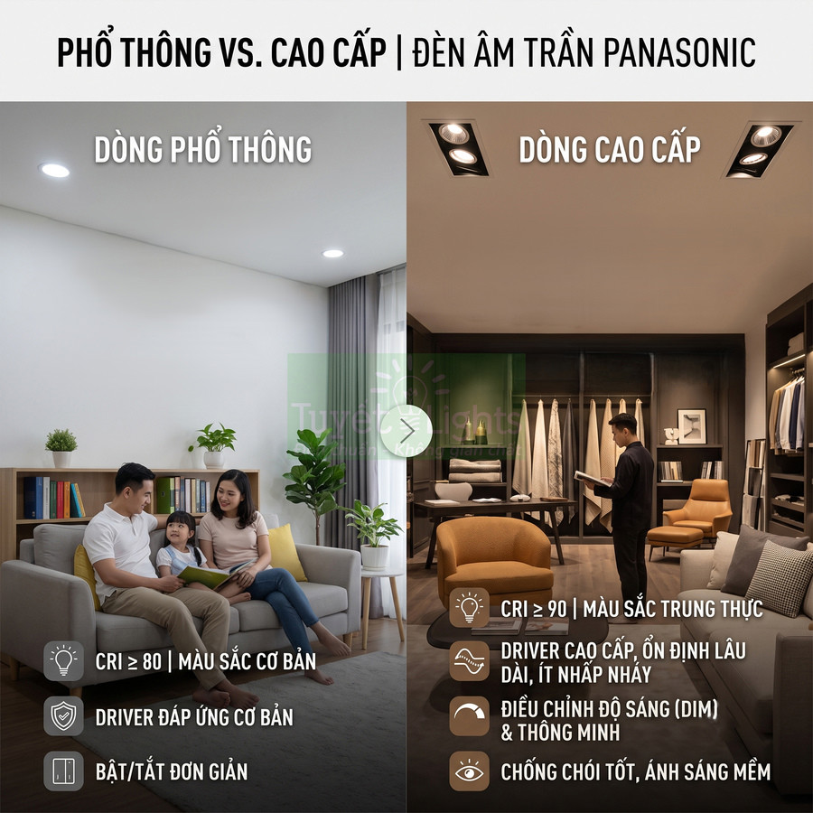 So sánh đèn âm trần Panasonic dòng phổ thông và dòng cao cấp trong không gian phòng khách và phòng làm việc