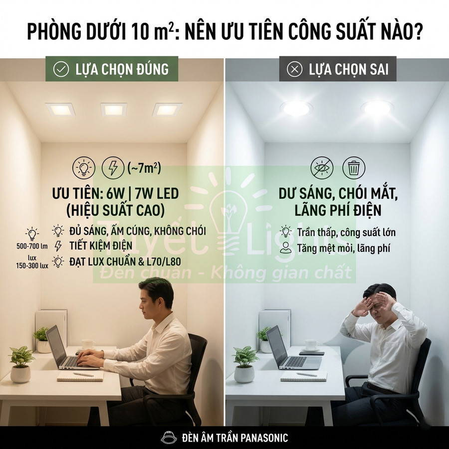 So sánh phòng làm việc dùng đèn âm trần Panasonic công suất phù hợp và công suất quá lớn gây chói mắt