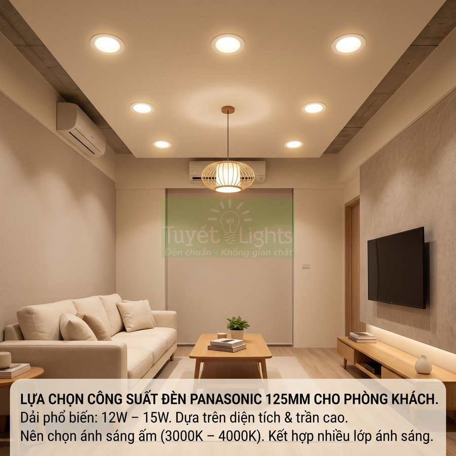 Đèn downlight Panasonic 125mm ánh sáng vàng lắp trần phòng khách hiện đại với sofa và bàn gỗ