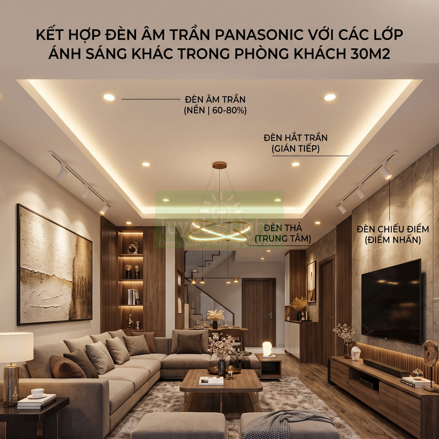 Phòng khách 30m2 sử dụng đèn âm trần Panasonic kết hợp đèn thả và đèn chiếu điểm hiện đại