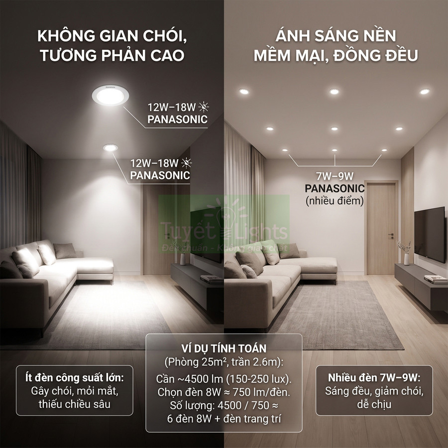 So sánh phòng khách dùng đèn LED Panasonic 12W 18W và nhiều đèn LED Panasonic 7W 9W ánh sáng đều, dễ chịu