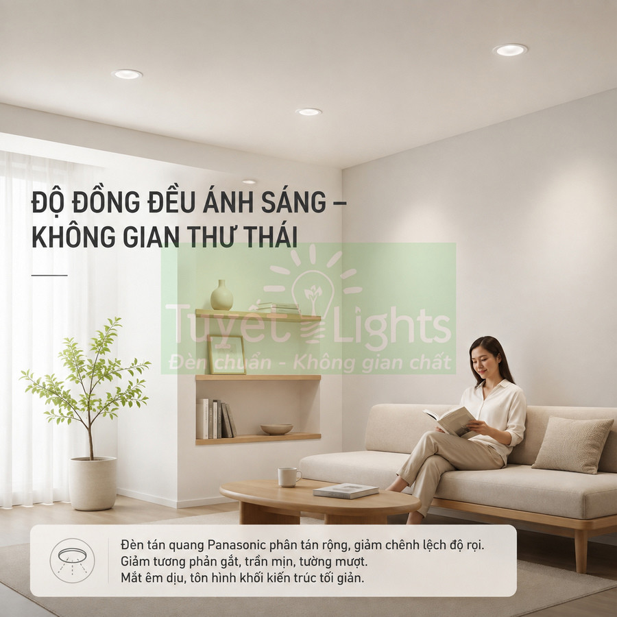 Đèn âm trần Panasonic chiếu sáng đồng đều trong phòng khách tối giản, tạo không gian thư giãn cho người phụ nữ đọc sách