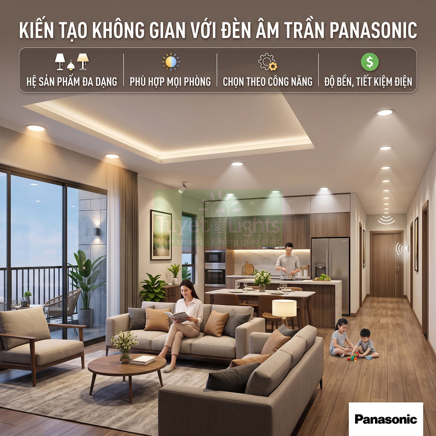 Phòng khách và bếp hiện đại sử dụng đèn âm trần Panasonic chiếu sáng tiết kiệm điện