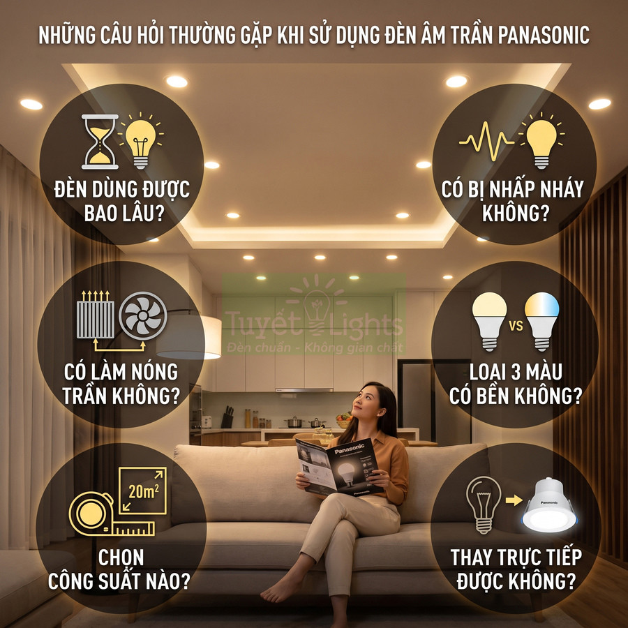 Đèn âm trần Panasonic chiếu sáng phòng khách hiện đại, người phụ nữ ngồi sofa xem catalog sản phẩm