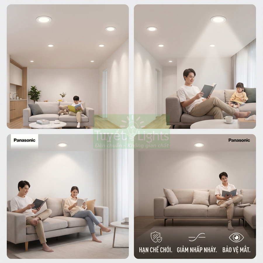 Đèn led âm trần Panasonic chiếu sáng phòng khách hiện đại, ánh sáng dịu bảo vệ mắt khi đọc sách