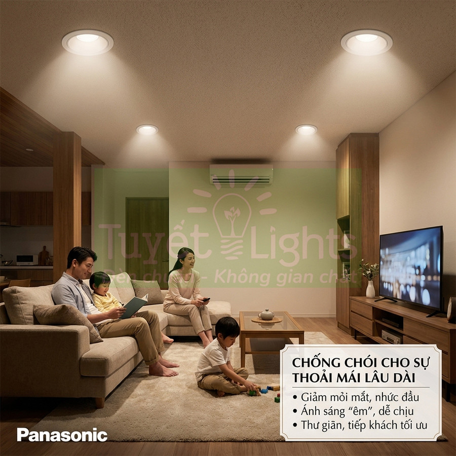 Đèn LED âm trần Panasonic chiếu sáng phòng khách gia đình, ánh sáng êm dịu chống chói, tạo không gian sinh hoạt thoải mái