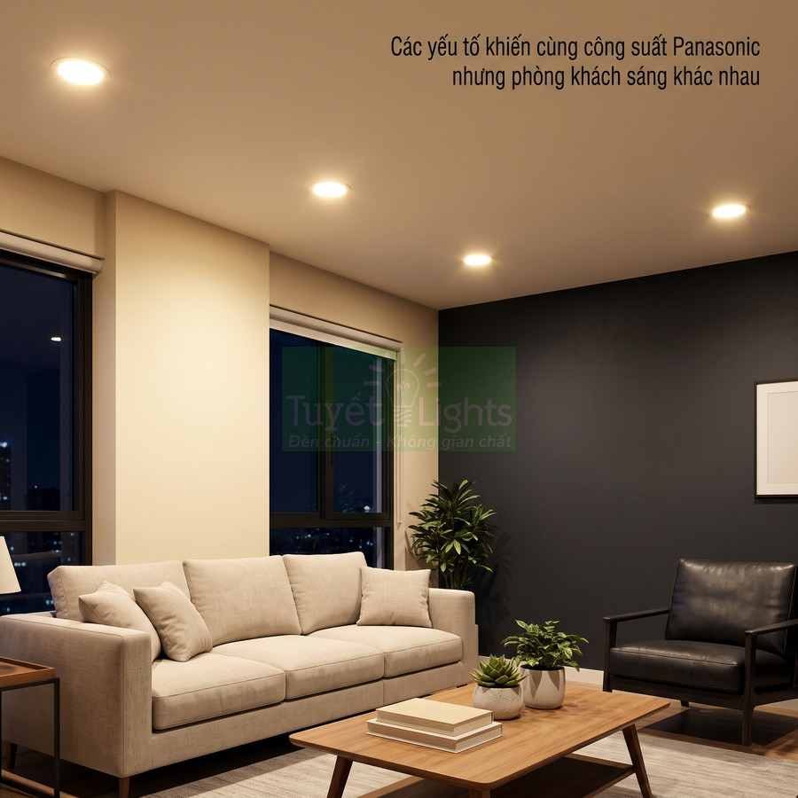 Đèn âm trần Panasonic chiếu sáng phòng khách hiện đại với sofa, bàn gỗ và ghế da