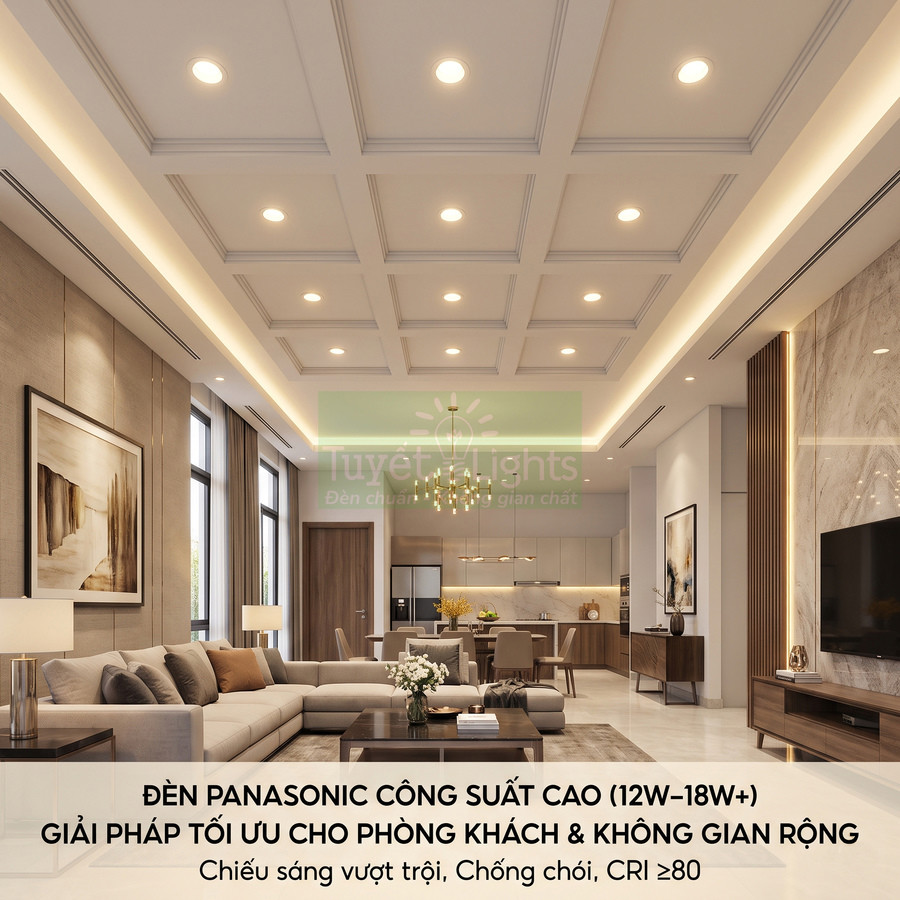 Đèn LED âm trần Panasonic công suất cao chiếu sáng phòng khách hiện đại không gian rộng
