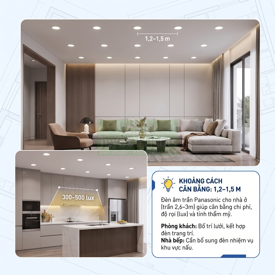 Đèn âm trần Panasonic chiếu sáng phòng khách và nhà bếp hiện đại trong căn hộ cao cấp