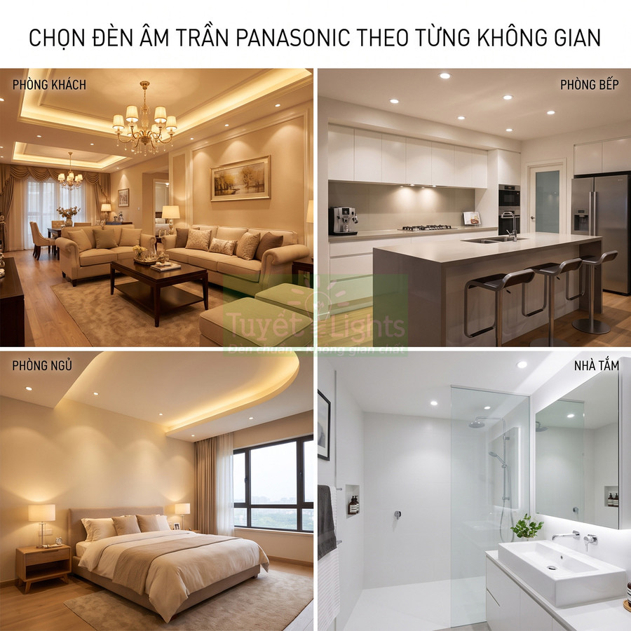 Đèn âm trần Panasonic chiếu sáng phòng khách, bếp, phòng ngủ và nhà tắm trong căn hộ hiện đại