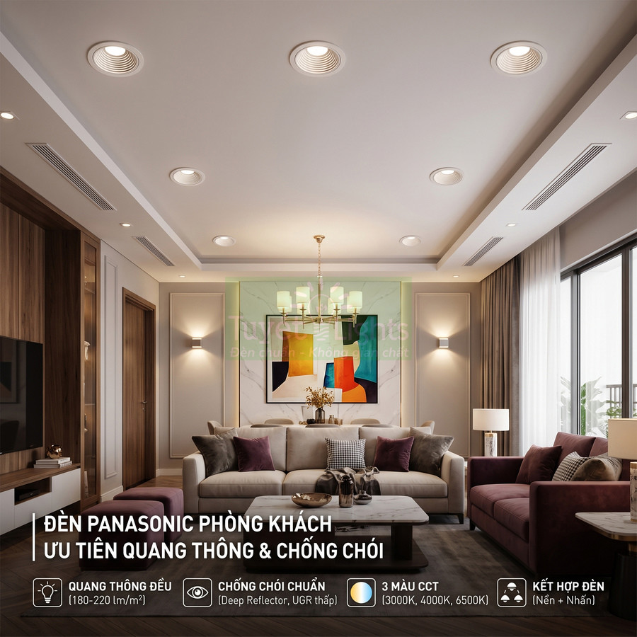 Đèn âm trần Panasonic chiếu sáng phòng khách hiện đại với sofa và nội thất cao cấp