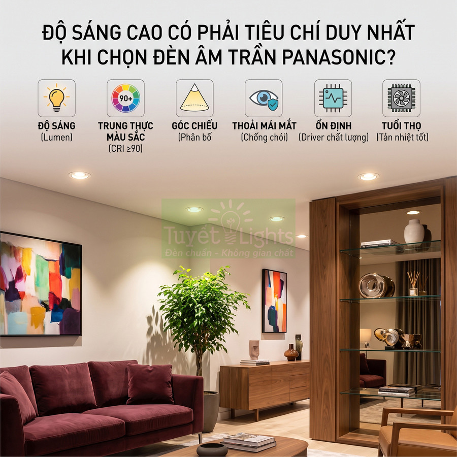 Đèn âm trần Panasonic chiếu sáng phòng khách hiện đại với sofa đỏ và nội thất gỗ ấm cúng