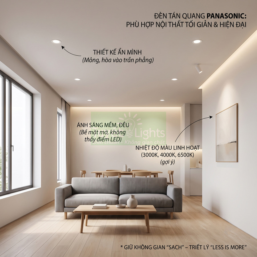 Đèn tán quang Panasonic âm trần chiếu sáng phòng khách tối giản với ánh sáng mềm và đều