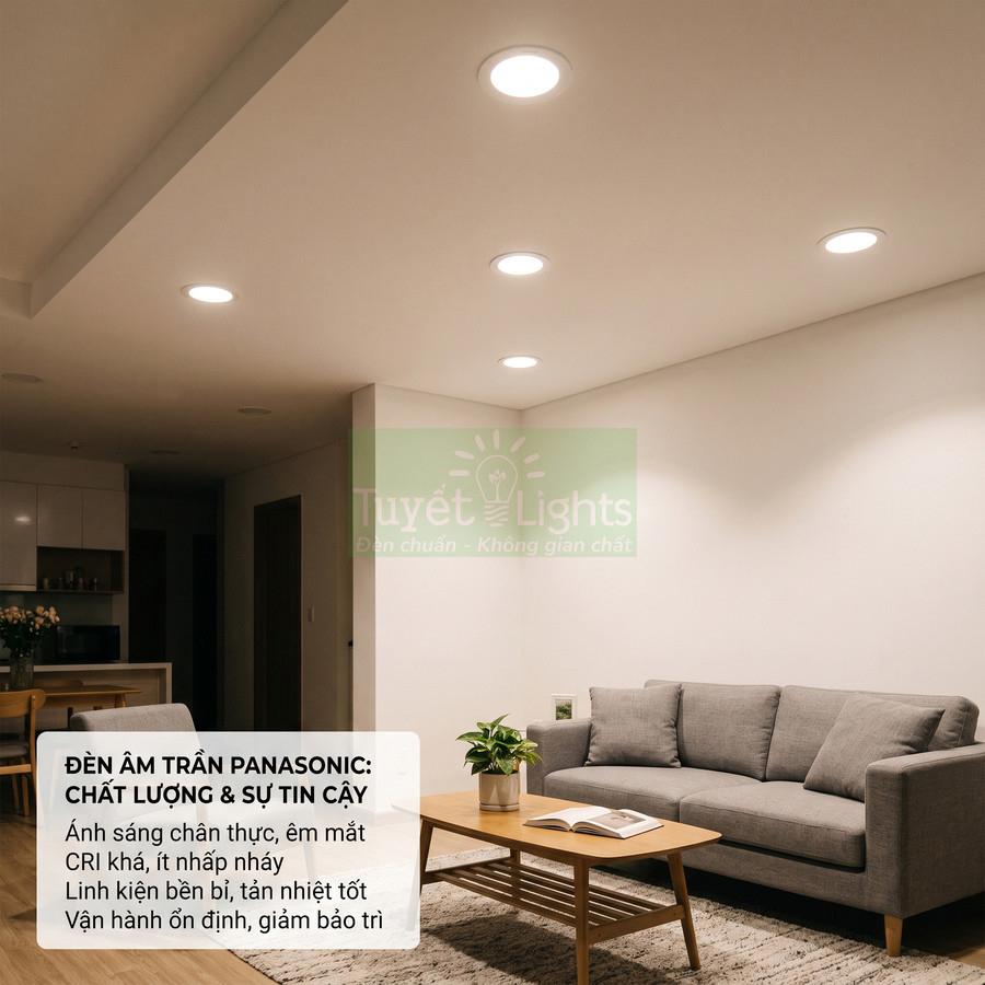 Đèn âm trần Panasonic chiếu sáng phòng khách hiện đại với sofa xám và bàn gỗ