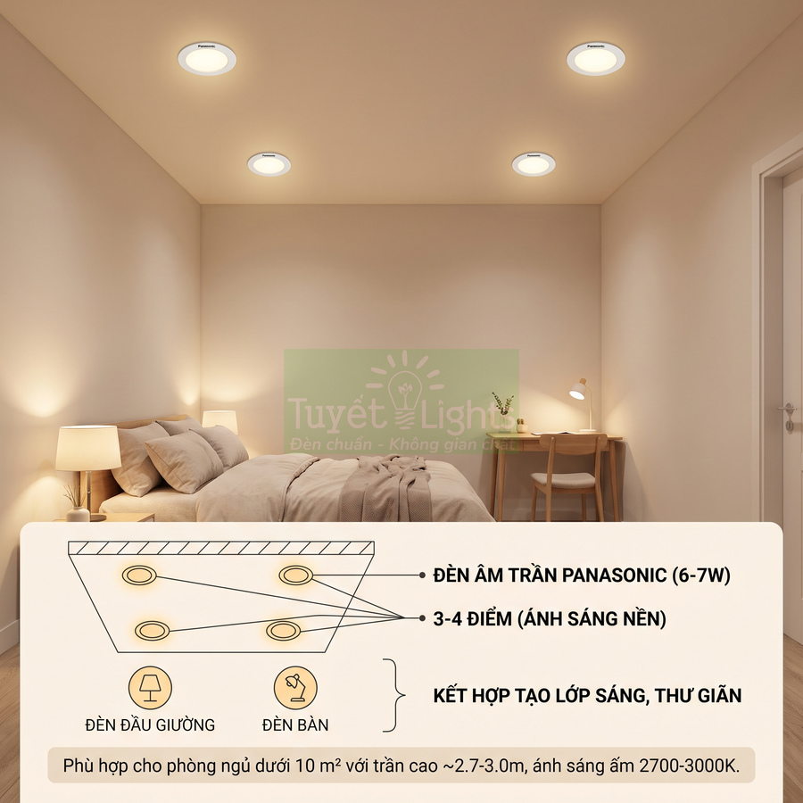 Đèn âm trần Panasonic ánh sáng vàng lắp trong phòng ngủ nhỏ, kết hợp đèn đầu giường và đèn bàn tạo không gian thư giãn