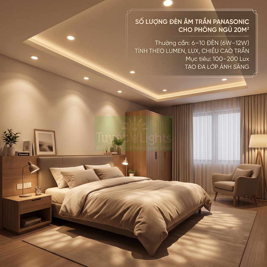 Phòng ngủ 20m2 sử dụng nhiều đèn âm trần Panasonic ánh sáng vàng ấm tạo không gian thư giãn