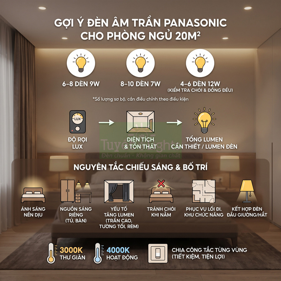 Phòng ngủ 20m² cần bao nhiêu đèn âm trần Panasonic?