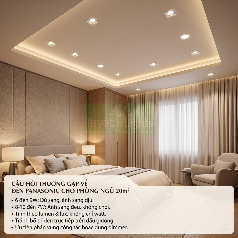 Đèn âm trần Panasonic chiếu sáng phòng ngủ 20m2 hiện đại với ánh sáng vàng dịu