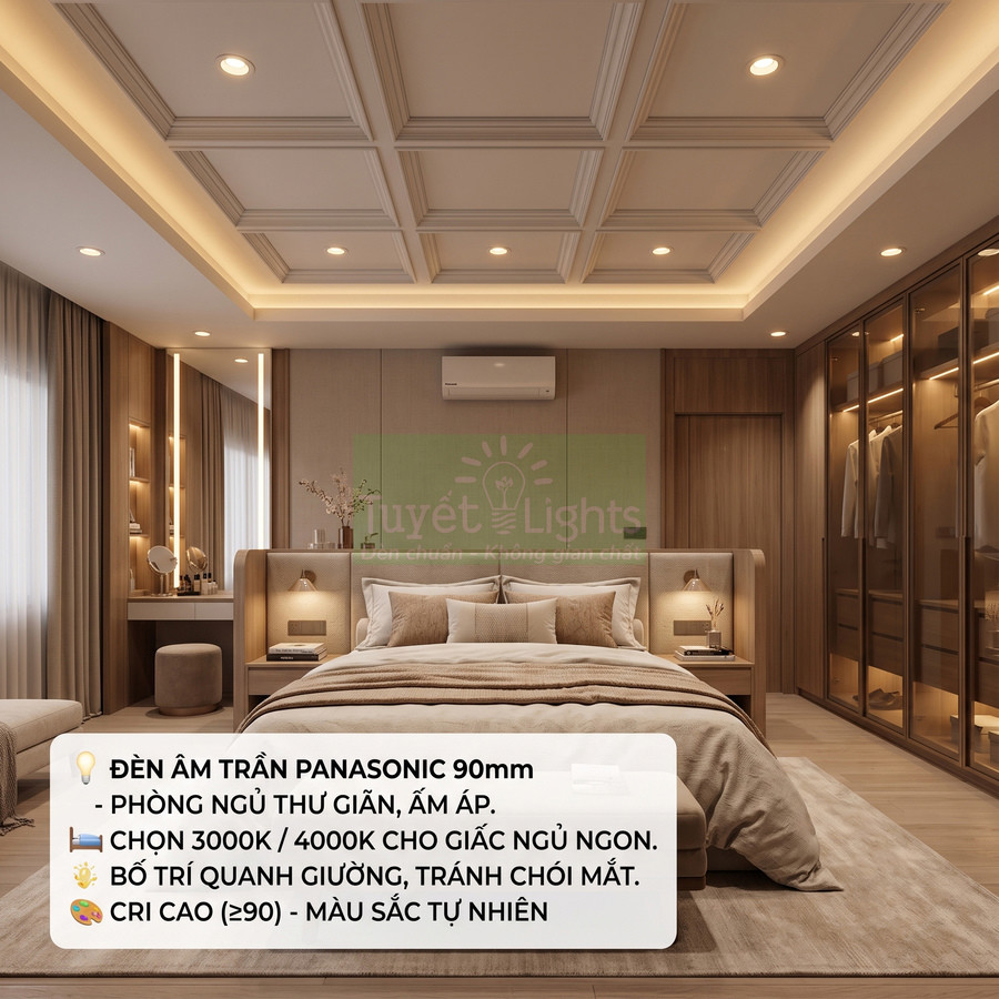 Đèn âm trần Panasonic 90mm chiếu sáng phòng ngủ hiện đại tông gỗ ấm áp với giường lớn và tủ quần áo kính