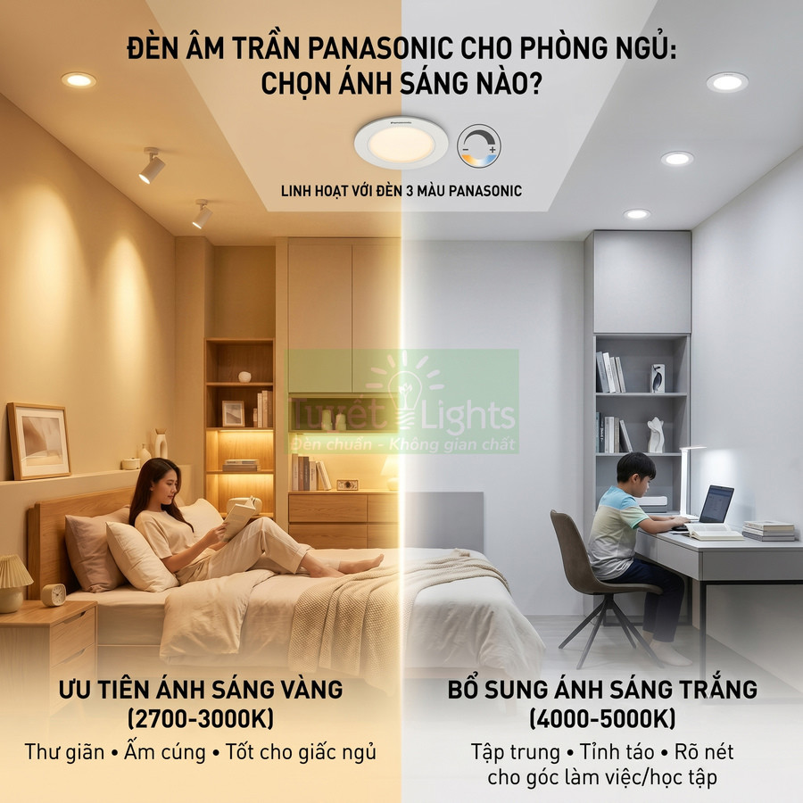Đèn âm trần Panasonic 3 màu cho phòng ngủ, ánh sáng vàng thư giãn và ánh sáng trắng cho góc làm việc