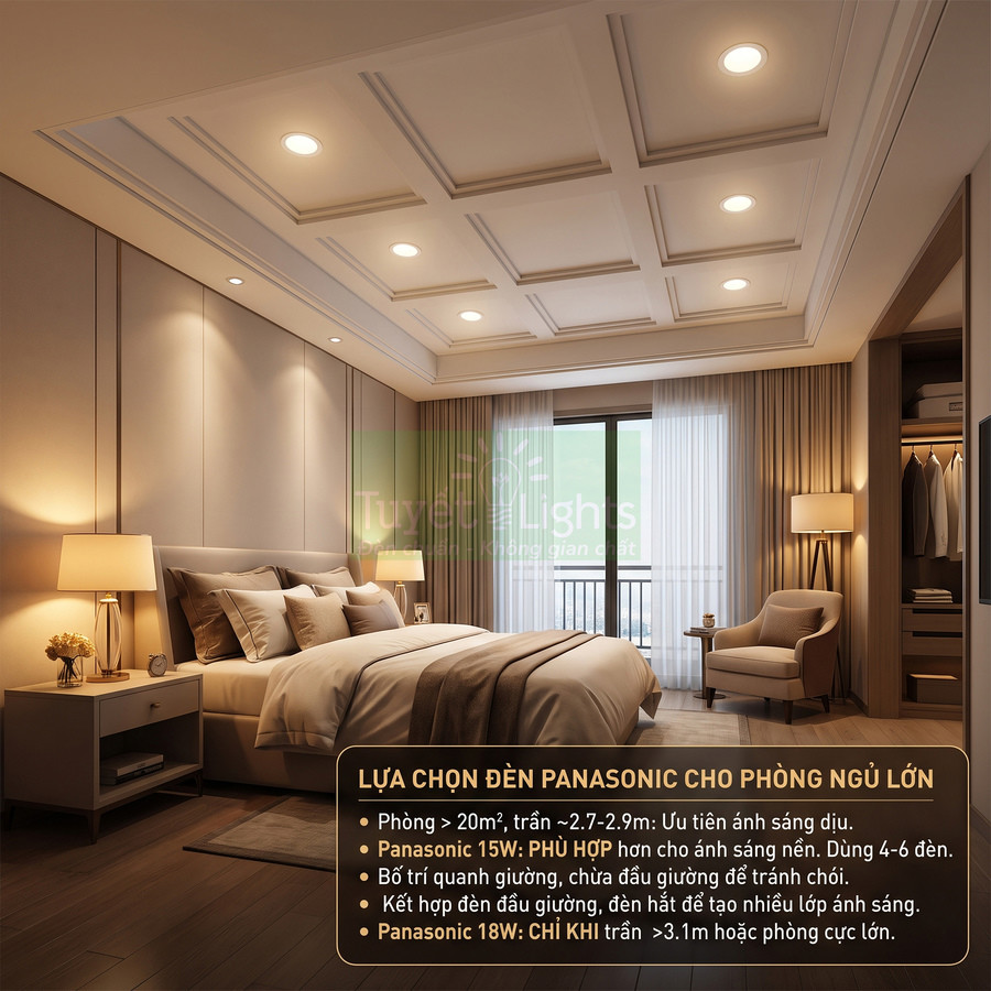 Phòng ngủ lớn hiện đại sử dụng đèn âm trần Panasonic ánh sáng vàng dịu kết hợp đèn bàn và đèn cây trang trí